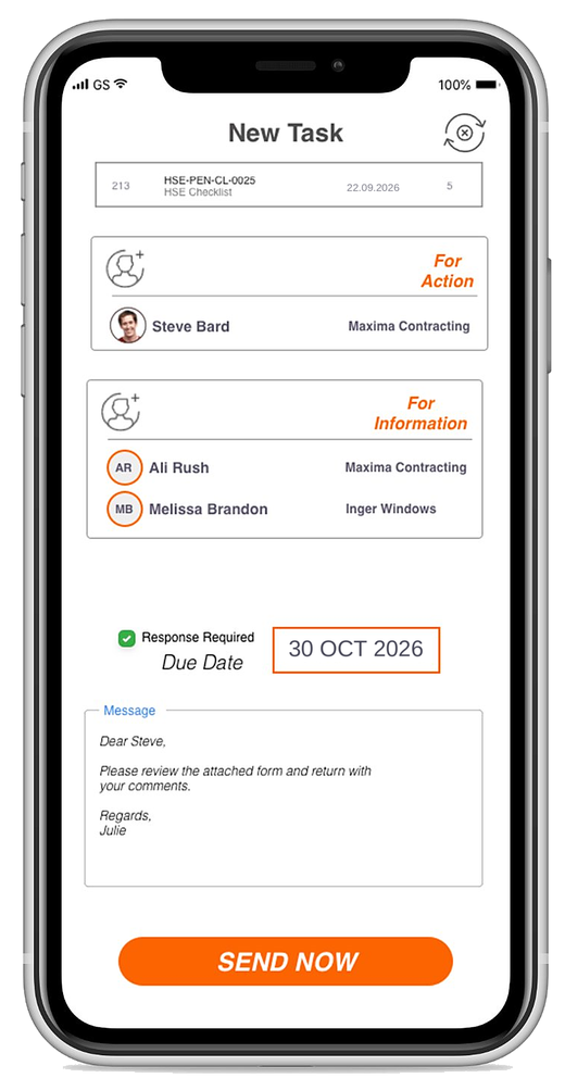 Crane mobile screen: a task sent to people from two companies, for action and for information, with a due date