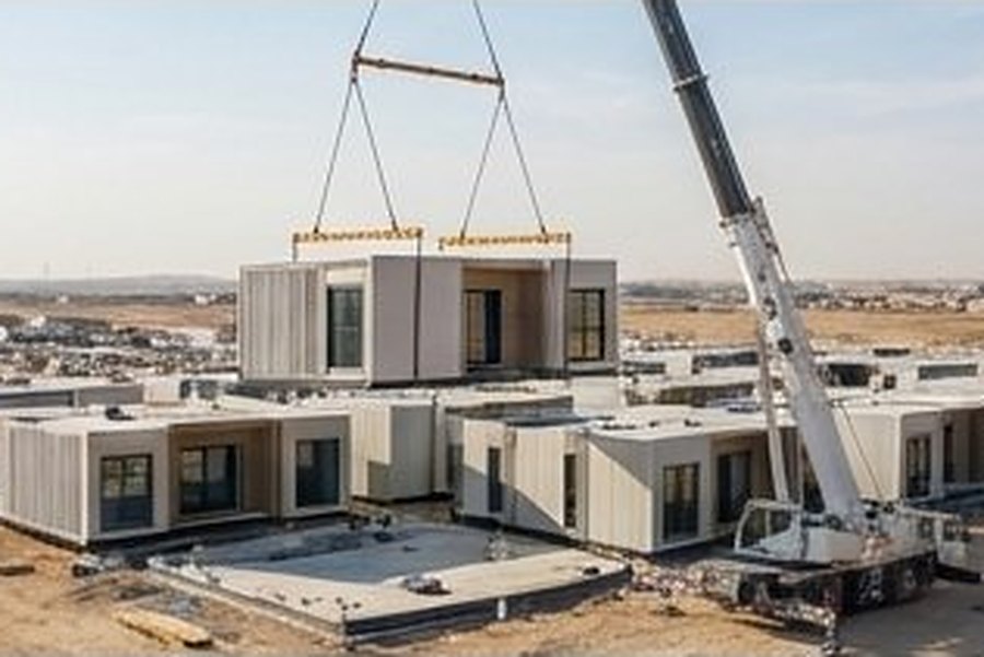 Modular housing units being lifted into place by crane